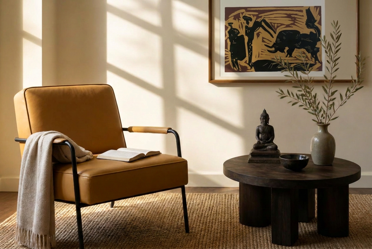 A camel leather armchair with a soft throw and open notebook, warm sunlight across an ivory wall, with a framed Picasso linocut, a small Buddha, ceramic bowl and olive branches on a dark round side table.